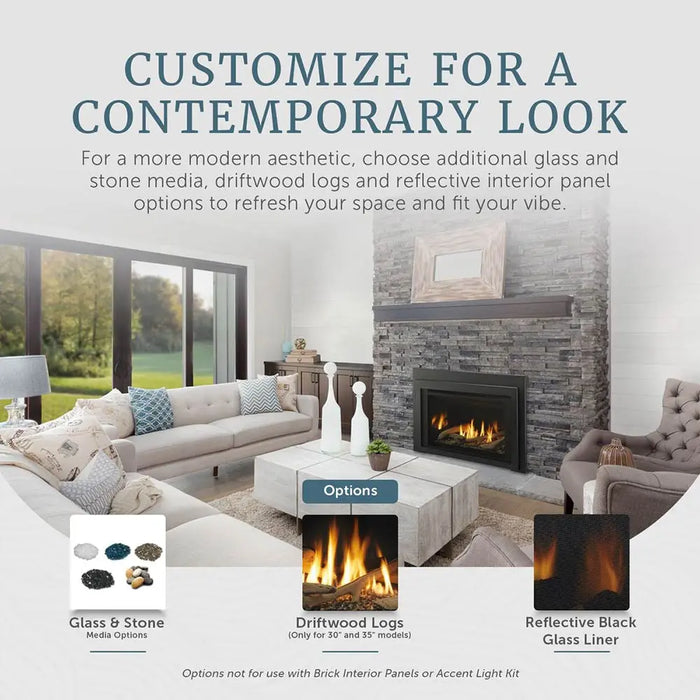 Majestic Ruby Freestanding 30" Direct Vent Propane Fireplace With Steel Cabinet - graphic of contemporary glass, stone and log options