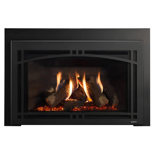 Majestic Ruby Platinum 30" Traditional Direct Vent Gas Insert - front view with logs burning