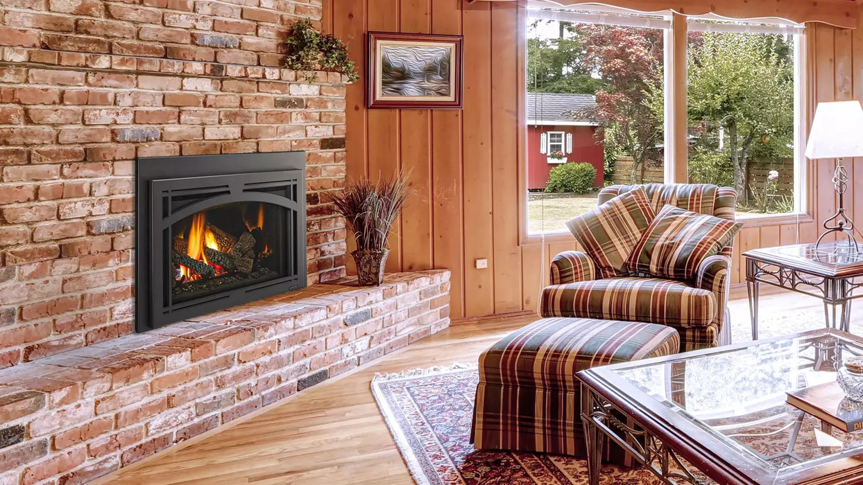 Majestic Trilliant 35" Direct Vent Gas Fireplace Insert - insert in a brick fireplace in a paneled room