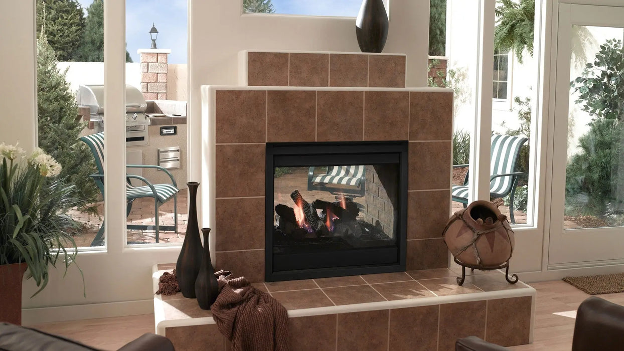 Majestic Twilight indoor/outdoor see-through gas fireplace in a room