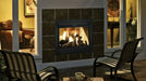 Majestic Twilight indoor/outdoor see-through gas fireplace seen from outdoors