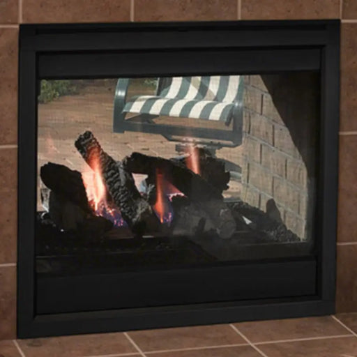 Majestic TWILIGHT-MD-IFT Twilight Modern 36" See-Through Indoor/Outdoor Gas Fireplace - see-through view installed in a tile surround, close