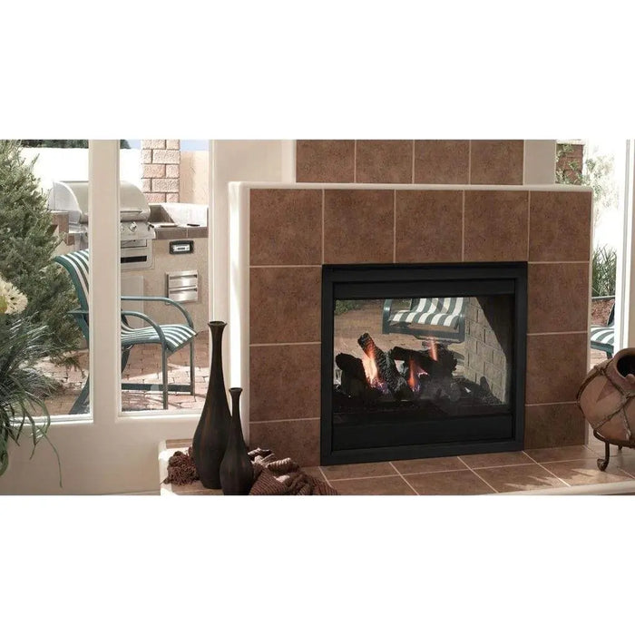 Majestic TWILIGHT-MD-IFT Twilight Modern 36" See-Through Indoor/Outdoor Gas Fireplace - installed in a tile wall between a room and a patio
