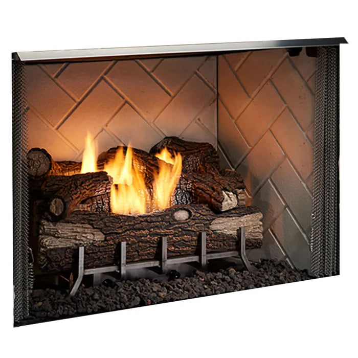 Majestic Vesper Outdoor Firebox With Herringbone Refractory - angled view with logs and herringbone refractory