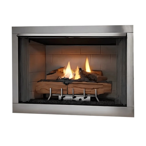 Majestic Vesper Outdoor Firebox With Traditional Stacked Refractory - angled view with logs and traditional refractory