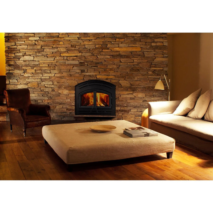 Majestic WARMMAJIC-D WarmMajic II 40" Traditional Wood Burning Fireplace - installed in a stacked-stone wall, wider view