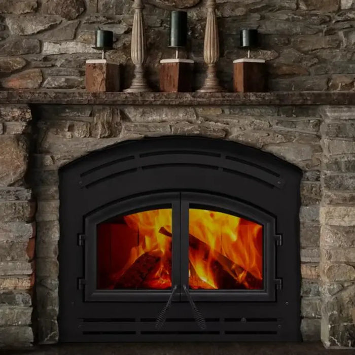 Majestic WARMMAJIC-D WarmMajic II 40" Traditional Wood Burning Fireplace - installed in a dark stone fireplace with a mantel