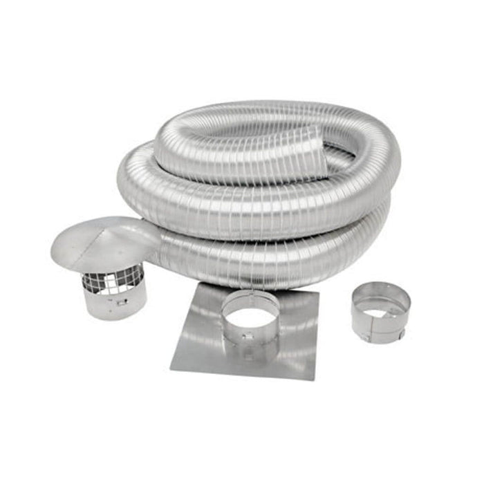 Metal-Fab SuperFlex stainless steel chimney liner kit with coiled flex liner, vent cap, top plate and connector