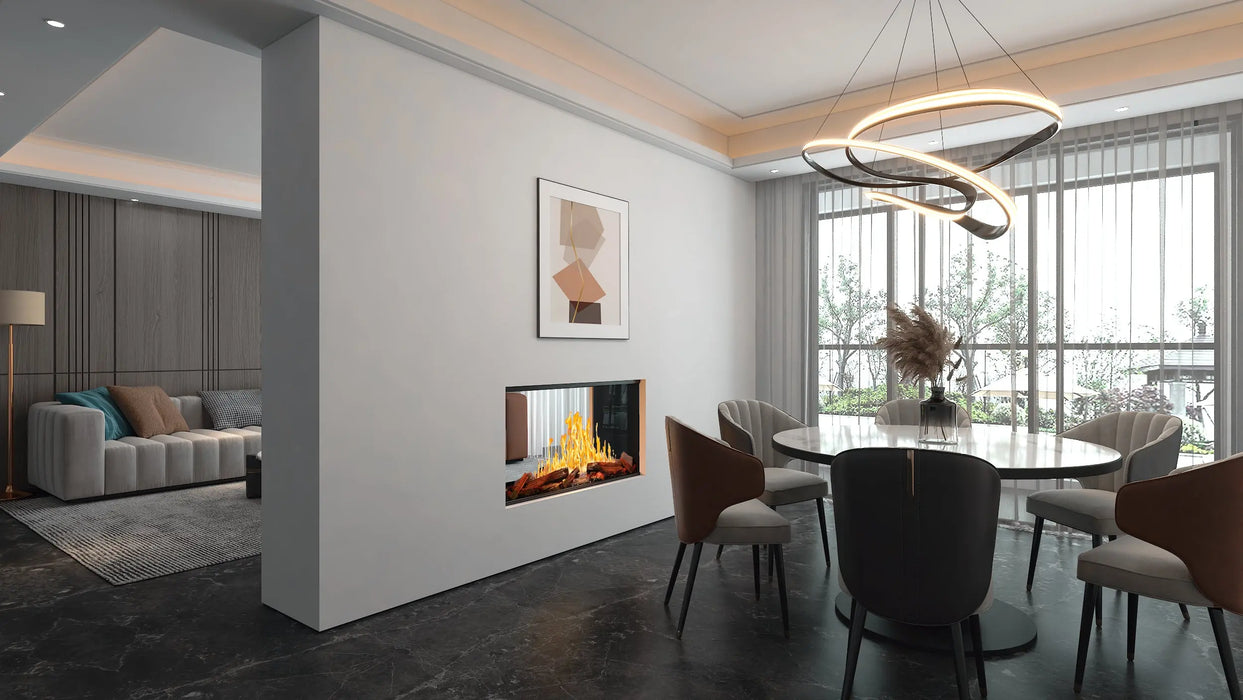 Nova Clear 48" see-through fireplace built into a wall between a living room and a dining room