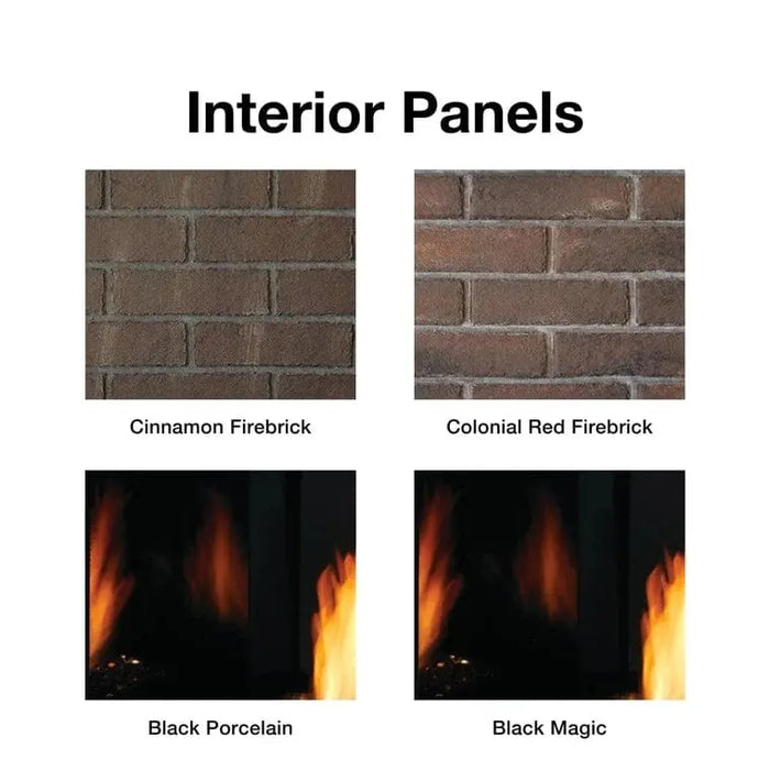Monessen 32 in. Aria vent free fireplace VFF32 interior panels chart with Cinnamon and Colonial Red firebrick and two black panels