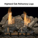 Monessen 32 in. Aria vent free fireplace VFF32 log option, close-up of Highland Oak refractory logs burning