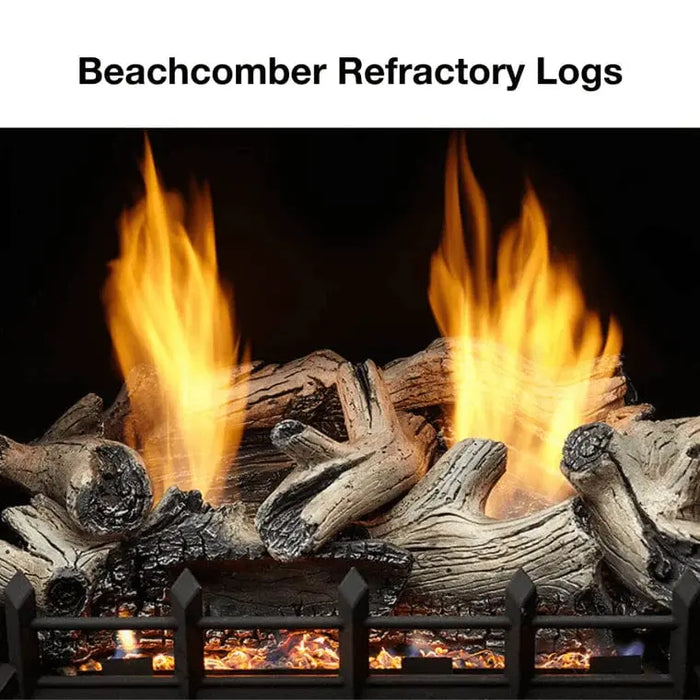 Monessen 32 in. Aria vent free fireplace VFF32 log option, close-up of Beachcomber refractory logs burning