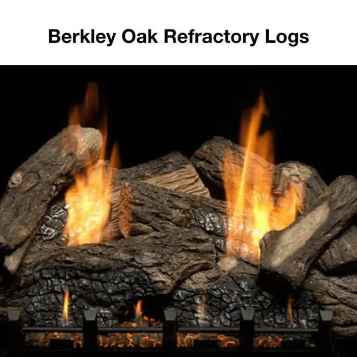 Monessen 32 in. Aria vent free fireplace VFF32 log option, close-up of Berkley Oak refractory logs burning
