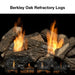 Monessen 32 in. Aria vent free fireplace VFF32 log option, close-up of Berkley Oak refractory logs burning