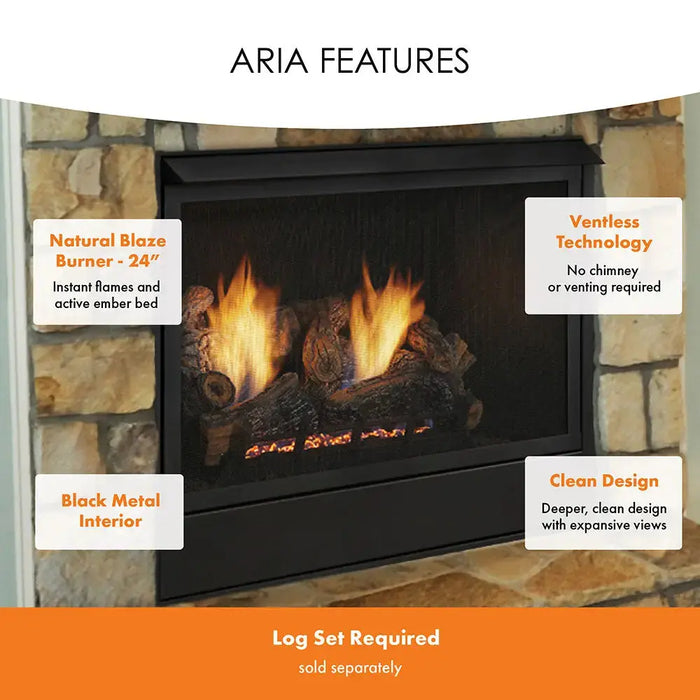 Monessen 32 in. Aria vent free fireplace VFF32 features graphic with callouts for burner, ventless design and black metal interior