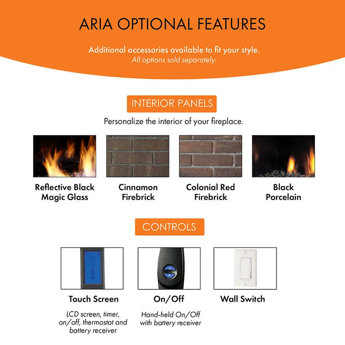 Monessen 32 in. Aria vent free fireplace VFF32 optional features chart showing interior panel choices and controls