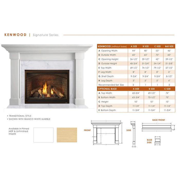 Monessen 32 in. Attribute vent free firebox ACUF32 Kenwood mantel brochure sheet with size chart and dimension diagrams