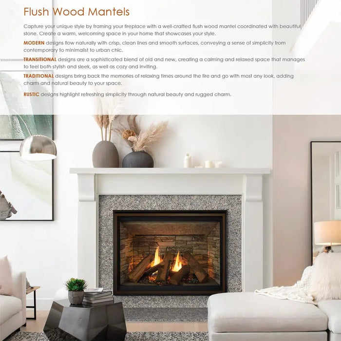 Monessen 32 in. Attribute vent free firebox ACUF32 flush wood mantels brochure sheet with a white mantel in a living room