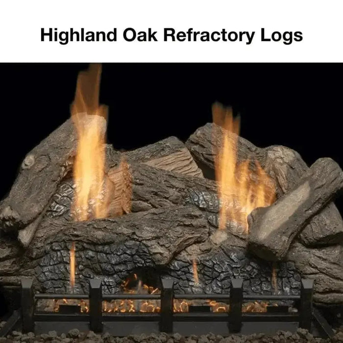 Monessen 33 in. Solstice vent free gas insert VFI33 log option labelled Highland Oak refractory logs, burning
