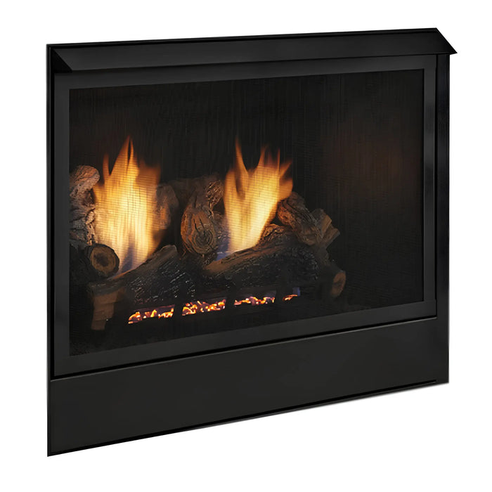 Monessen 36 in. Aria vent free fireplace VFF36, angled front view of the black firebox with logs burning, on white