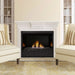 Monessen 36 in. Aria vent free fireplace VFF36, in a white mantel between two armchairs with flames over rock media