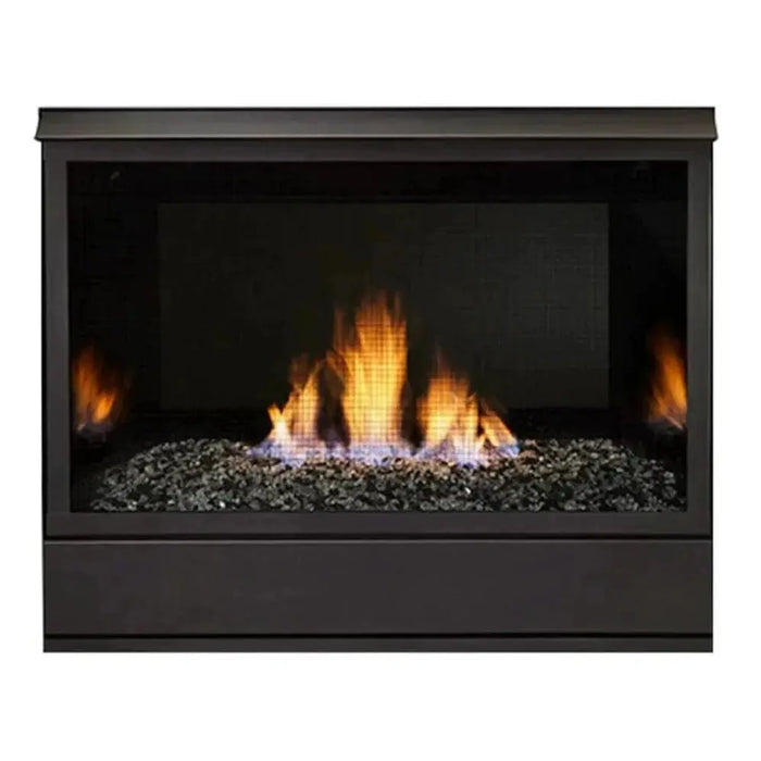 Monessen 36 in. Aria vent free fireplace VFF36, front view with flames over dark rock media and no logs, on white