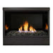 Monessen 36 in. Aria vent free fireplace VFF36, front view with flames over dark rock media and no logs, on white
