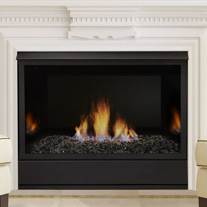 Monessen 36 in. Aria vent free fireplace VFF36, close view in a white mantel with flames over dark rock media