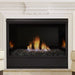 Monessen 36 in. Aria vent free fireplace VFF36, close view in a white mantel with flames over dark rock media