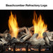 Monessen 36 in. Aria vent free fireplace VFF36, close-up of Beachcomber refractory logs burning on a grate