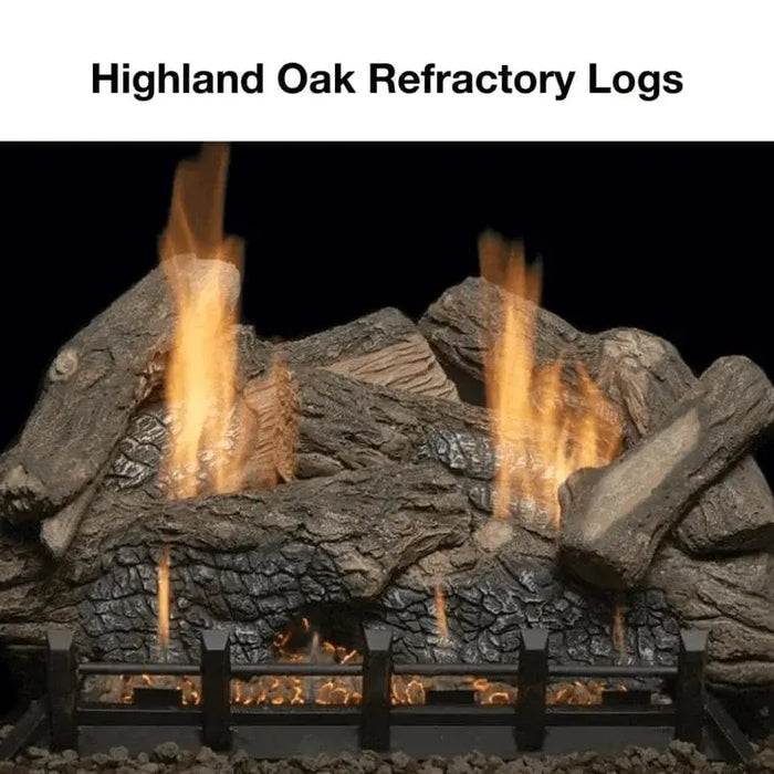 Monessen 36 in. Aria vent free fireplace VFF36, close-up of Highland Oak refractory logs burning on a grate
