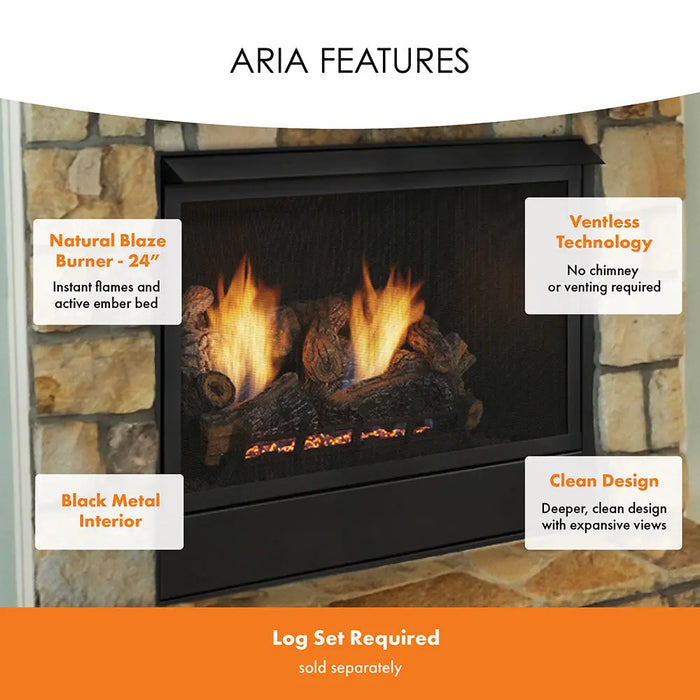 Monessen 36 in. Aria vent free fireplace VFF36, Aria features graphic with callouts for burner, ventless technology and black interior