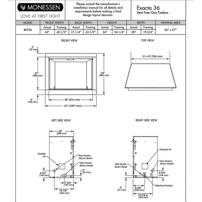 Monessen 36" Exacta Vent Free Circulating Clean Face Firebox