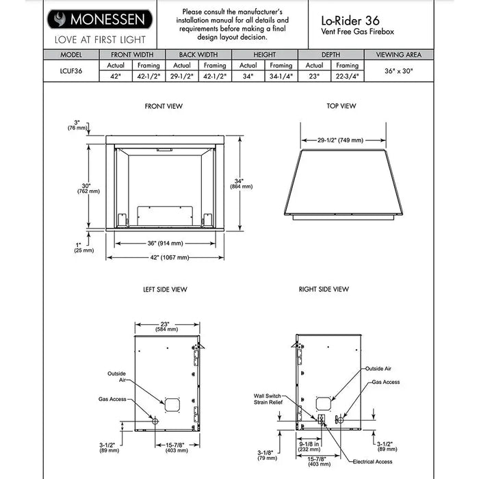 Monessen 36" Lo-Rider LCUF Clean Face Vent Free Gas Firebox