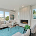 Monessen 42 in. Artisan vent free linear fireplace AVFL42 in a light wood-plank wall of a living room with a teal rug