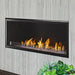 Monessen 42 in. Artisan vent free linear fireplace AVFL42, close view in a grey plank wall with flames over glass media