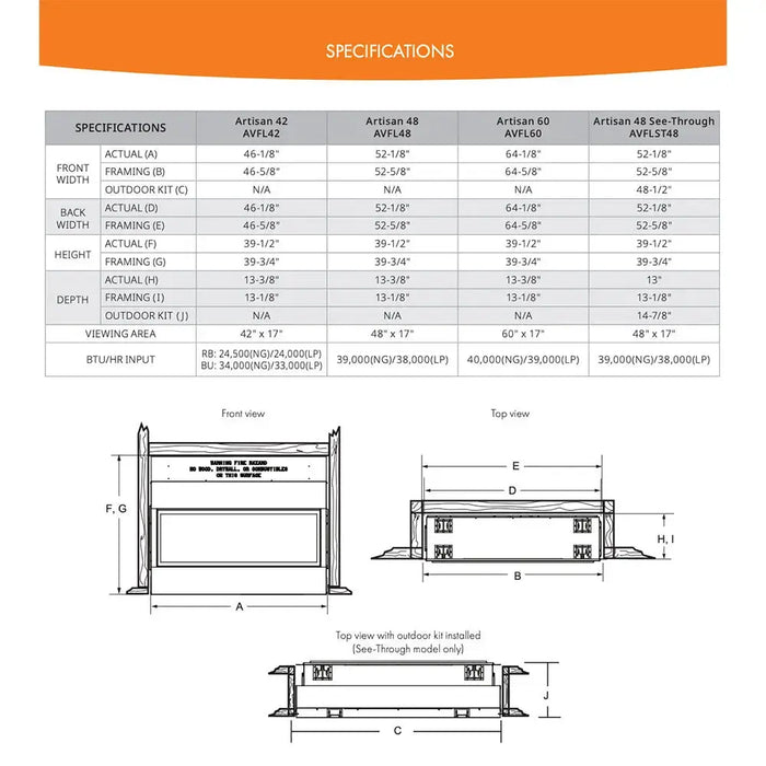 Monessen 48 in. Artisan vent free linear fireplace AVFL48, specifications table with orange header and dimension drawings