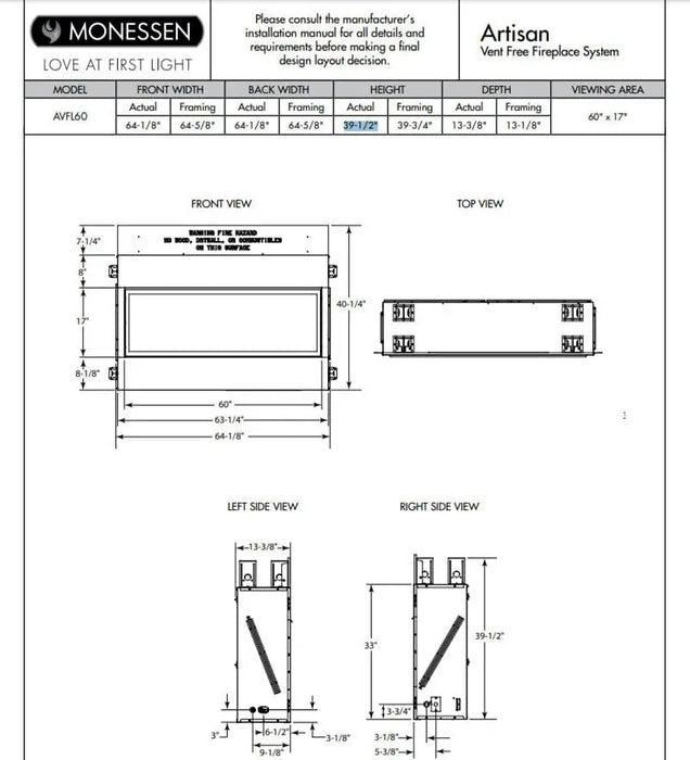Monessen 60" Artisan Vent Free Modern Linear Fireplace