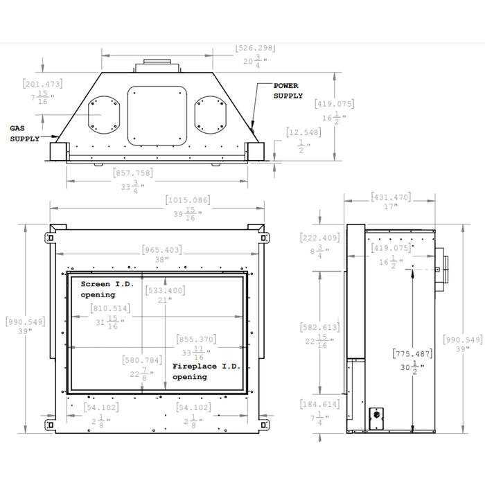 DelRay Square 37” fireplace with customizable log sets and burner scenes.