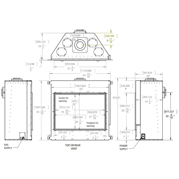 DelRay Square 42” fireplace with customizable log sets and burner scenes.