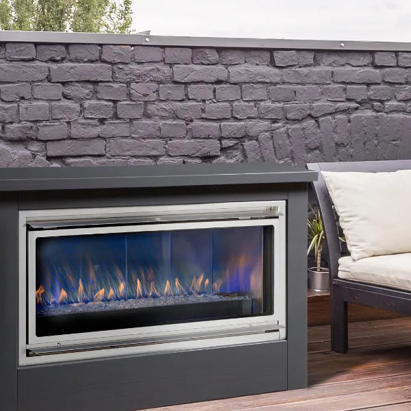 Elegant Montigo Mahana 42" gas fireplace, designed to withstand outdoor elements.