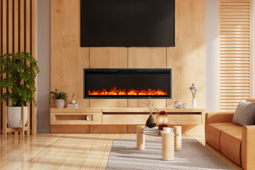 Astound 50" SlimMount Smart Electric Fireplace – lifestyle photo, with recessed install, topaz glass