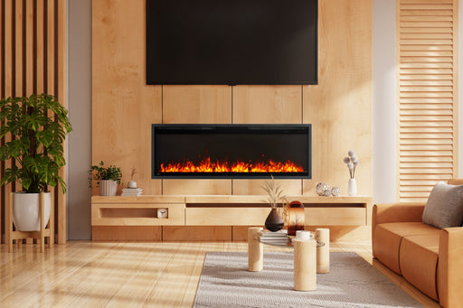 Astound 50" SlimMount Smart Electric Fireplace – lifestyle photo, with recessed install, topaz glass