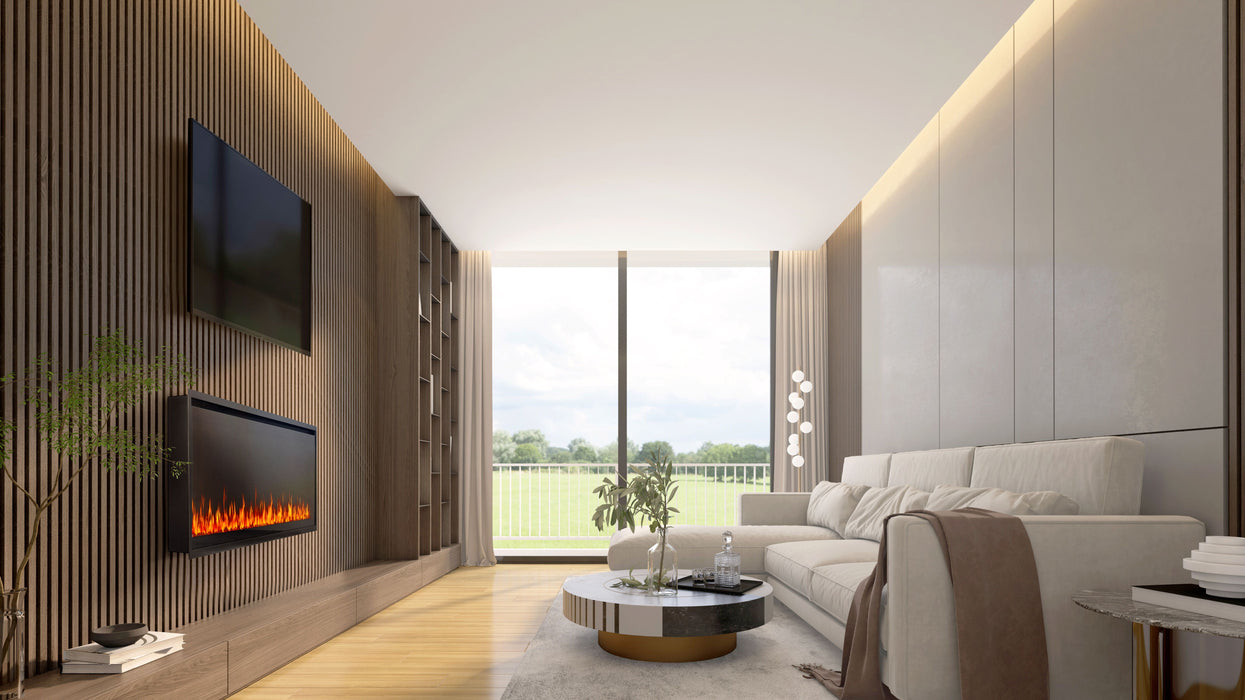 Astound 74" SlimMount Smart Electric Fireplace – lifestyle photo, with topaz glass