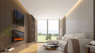 Astound 74" SlimMount Smart Electric Fireplace – lifestyle photo, with topaz glass