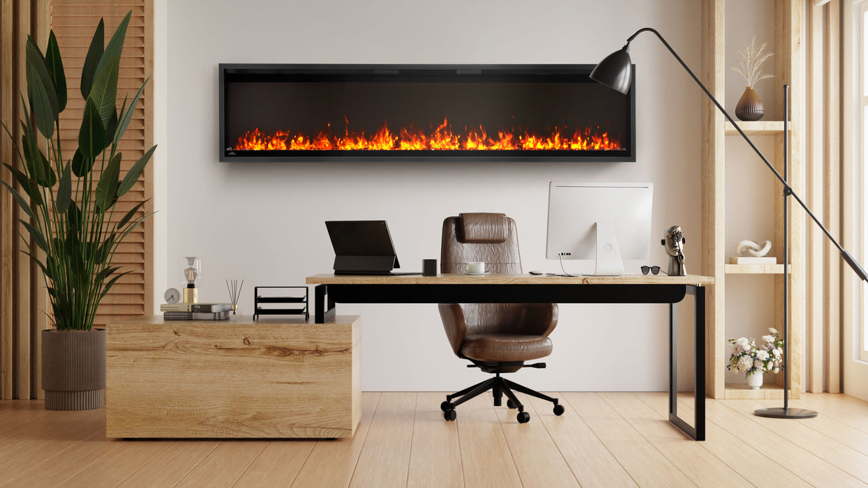Astound 74" SlimMount Smart Electric Fireplace – lifestyle photo, with wall mount, topaz glass
