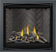 Napoleon Altitude X 36 gas fireplace, front view with driftwood logs, brick panels and charcoal Zen front