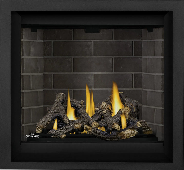 Napoleon Altitude X 36 gas fireplace, front view with oak logs, brick panels and black finishing trim