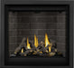 Napoleon Altitude X 36 gas fireplace, front view with oak logs, brick panels and black finishing trim