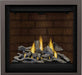 Napoleon Altitude X 36 gas fireplace, front view with driftwood logs, brick panels and copper finishing trim